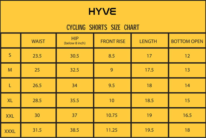 Hyve cycling shorts sizechart